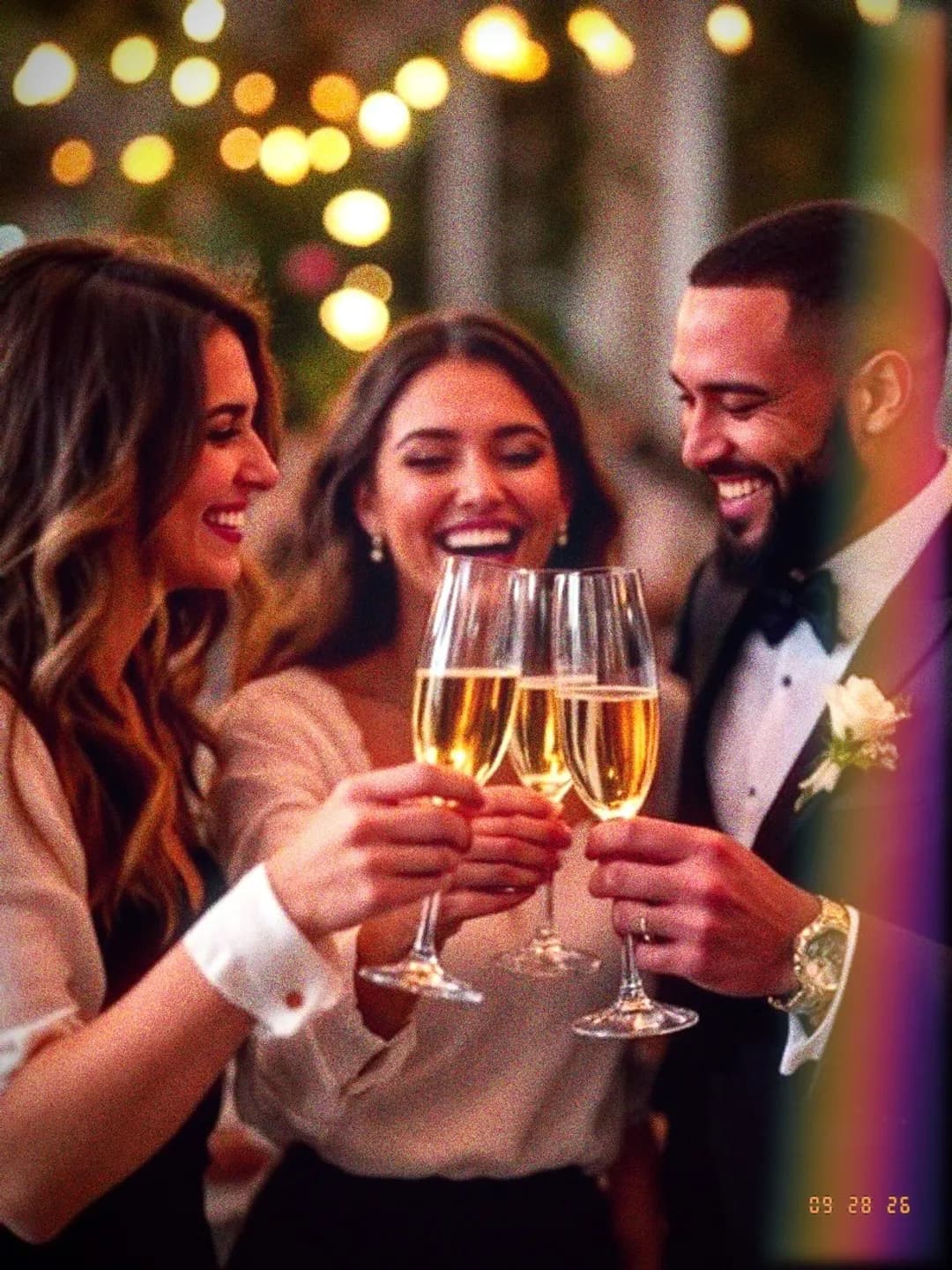 A toast under string lights